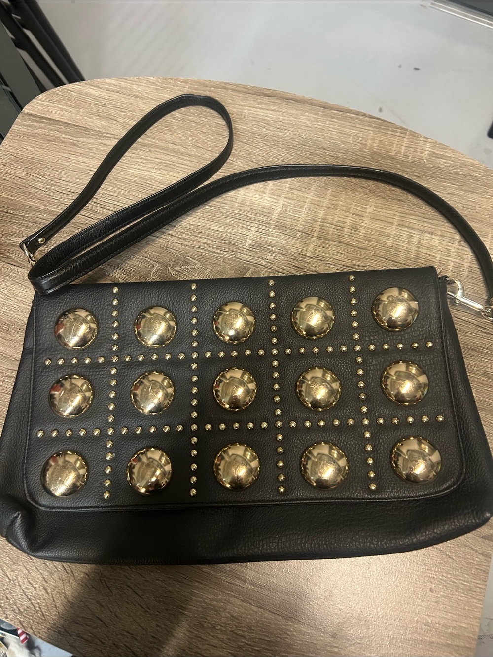 80’s disco stylist Black faux leatherCrossbody Bag with Gold Stud metal